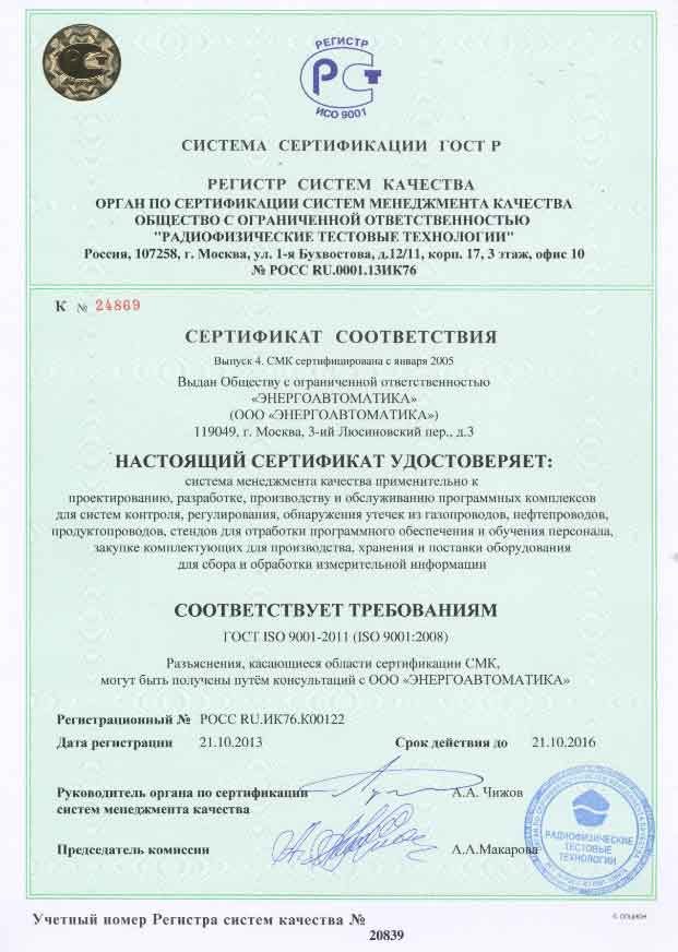 Сертификат соответствия по качеству ГОСТ ISO 9001-2011 (ISO 9001:2008) Энергоавтоматика